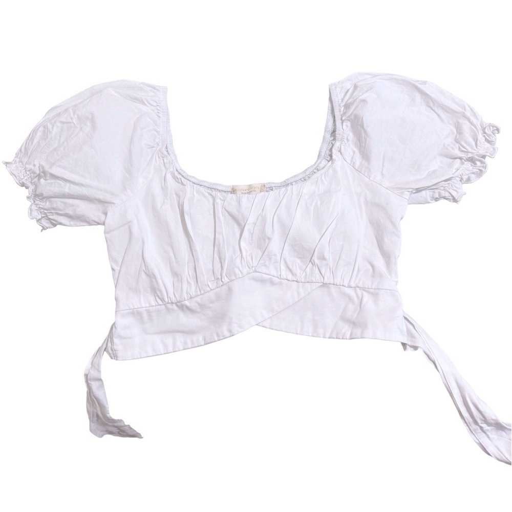 Altar’d State White Crop Peasant Blouse Belted Blouse Puff Sleeve Size Medium - Picture 8 of 11